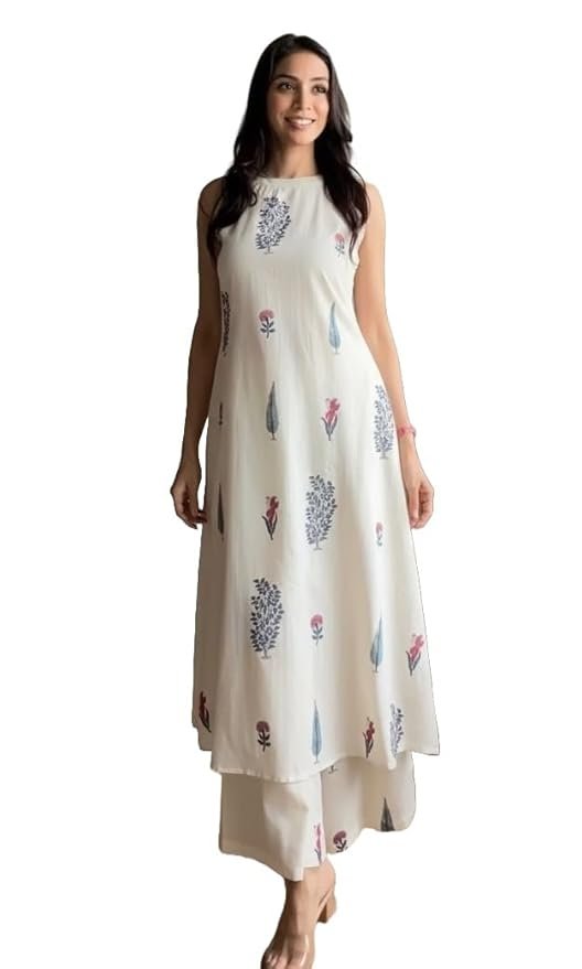 Chee Women Pure Cotton Kurta Palazzo Set | Sleeveless Printed Kurta with Palazzo Pants | Summer Friendly, Office Wear Co-Ord Set