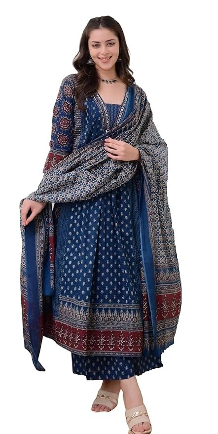 Che Women’s Rayon Printed Anarkali Kurta and Pant with Dupatta Set